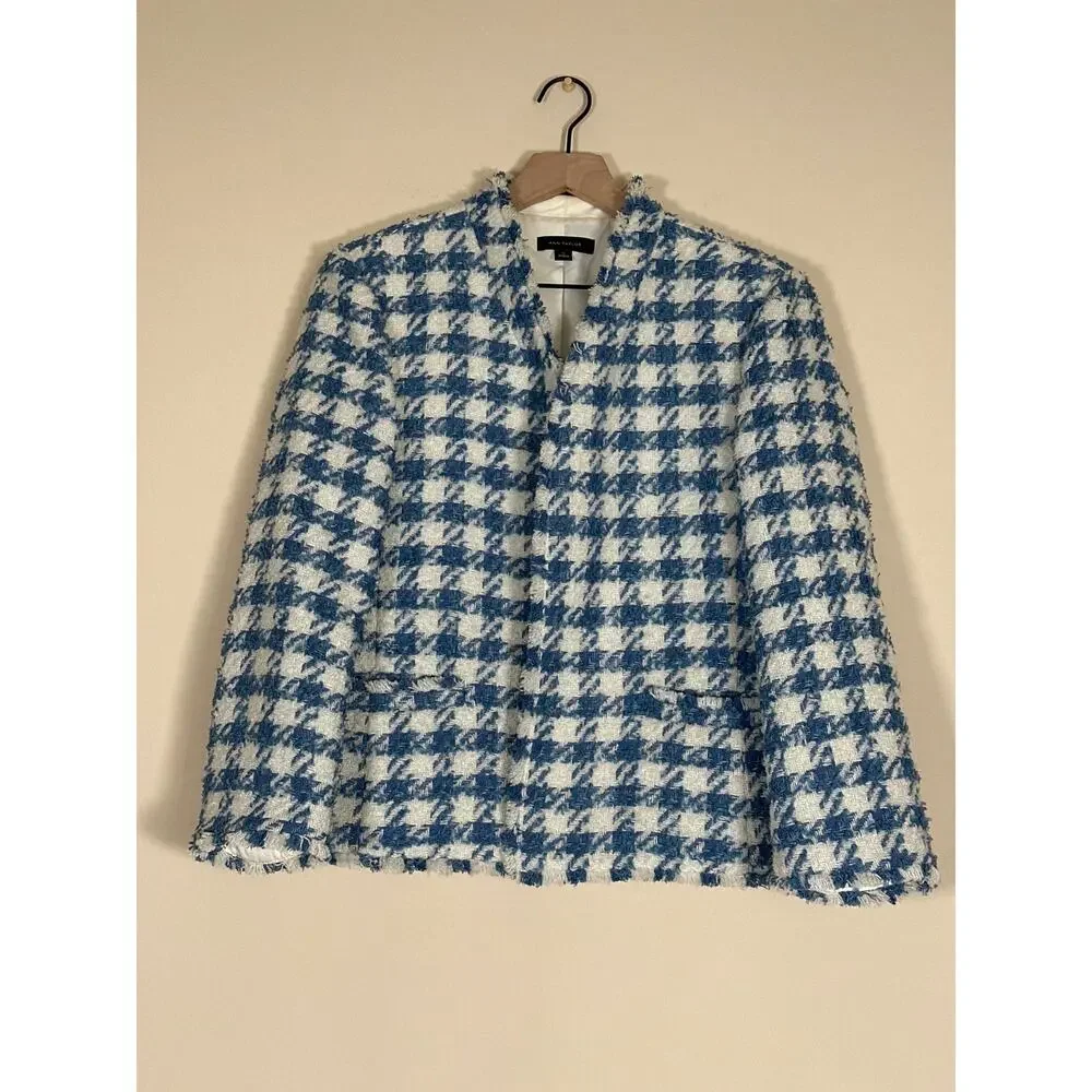 Ann Taylor Blue White Tweed Fringe The Cutaway Jacket Women’s Large Open Front